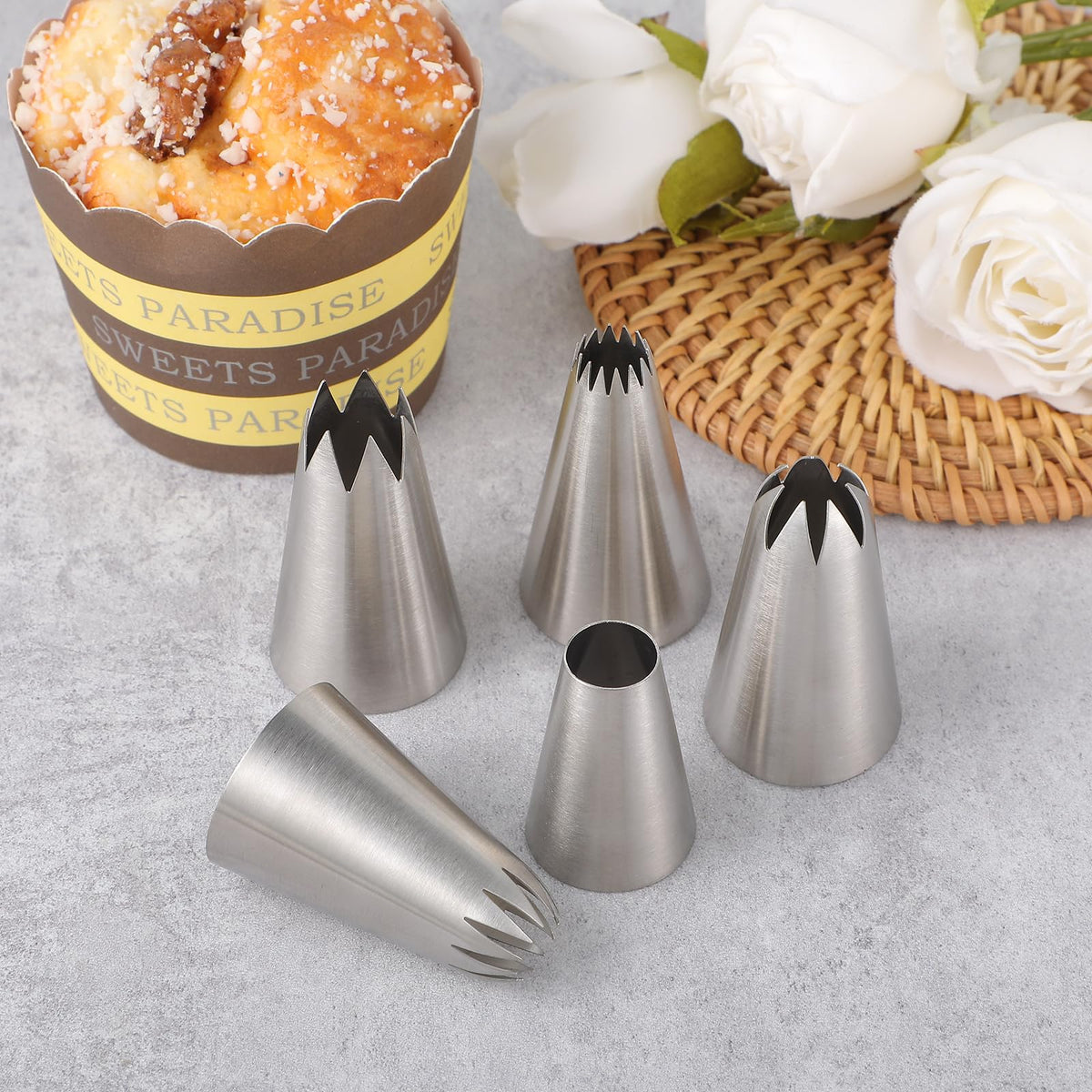 Piping Nozzle Set 5pc Extra Large Stainless Steel Round & Star – Silver