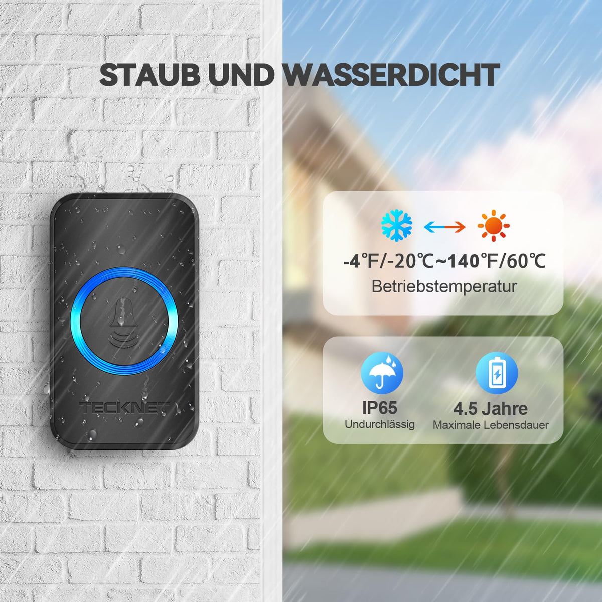 TECKNET Wireless Doorbell, Waterproof Outdoor Wireless Doorbell, 60 Melodies with 5 Volume Levels, 400m Range (1x Transmitter and 1x Receiver)