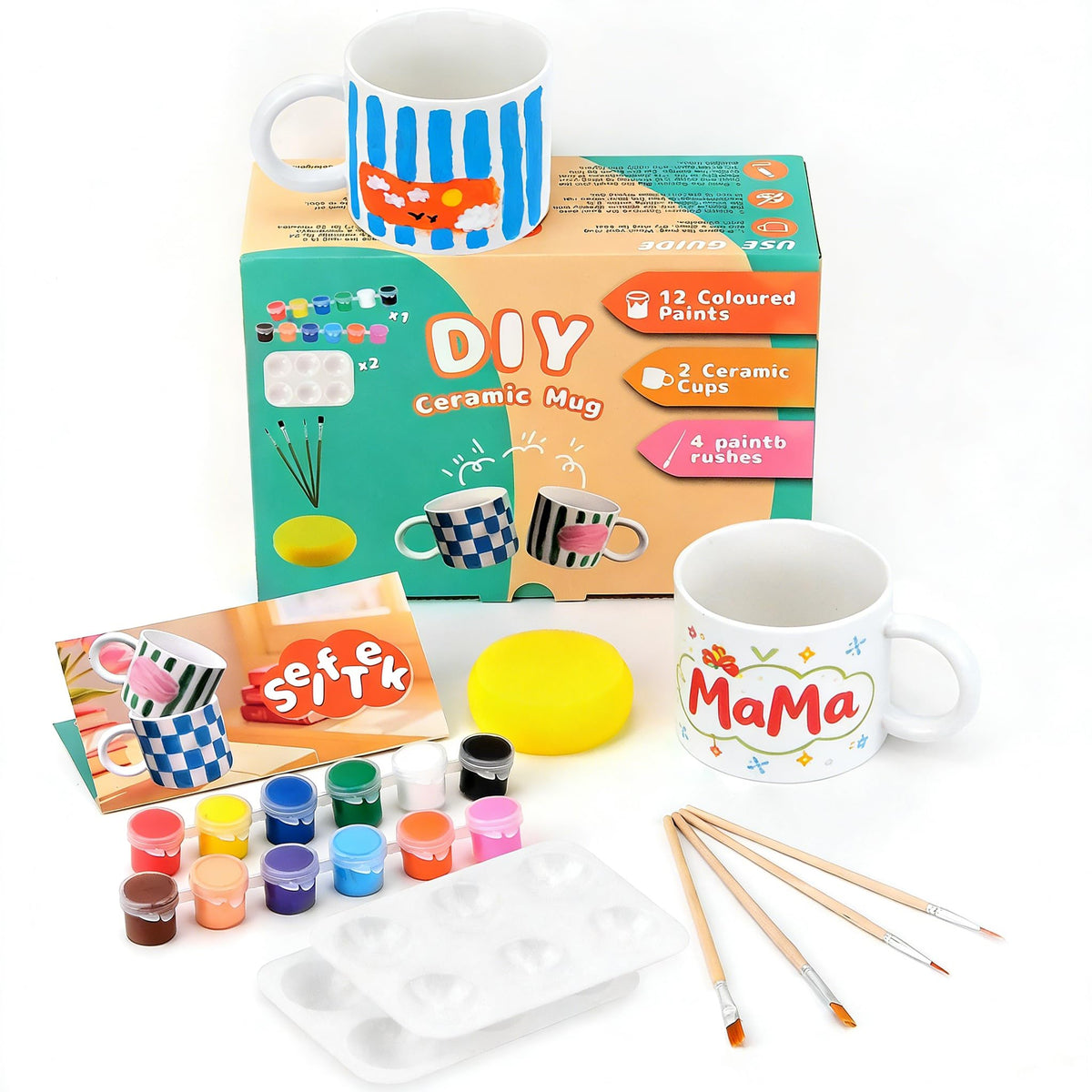DIY Ceramic Painting Set 2 Mugs 12 Colours 4 Brushes 2 Palettes – 2 Mugs