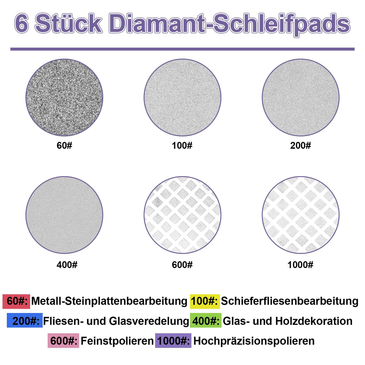 BORISCA 6 Piece Diamond Hand Grinding Pad Set, Glass Grinding Tile Grinding Blocks Polishing Pads Diamond Grinding Pad Diamond Grinding Block for Stone Ceramic Tiles Glass, 60#, 100#, 200#, 400#, 600#, 1000#