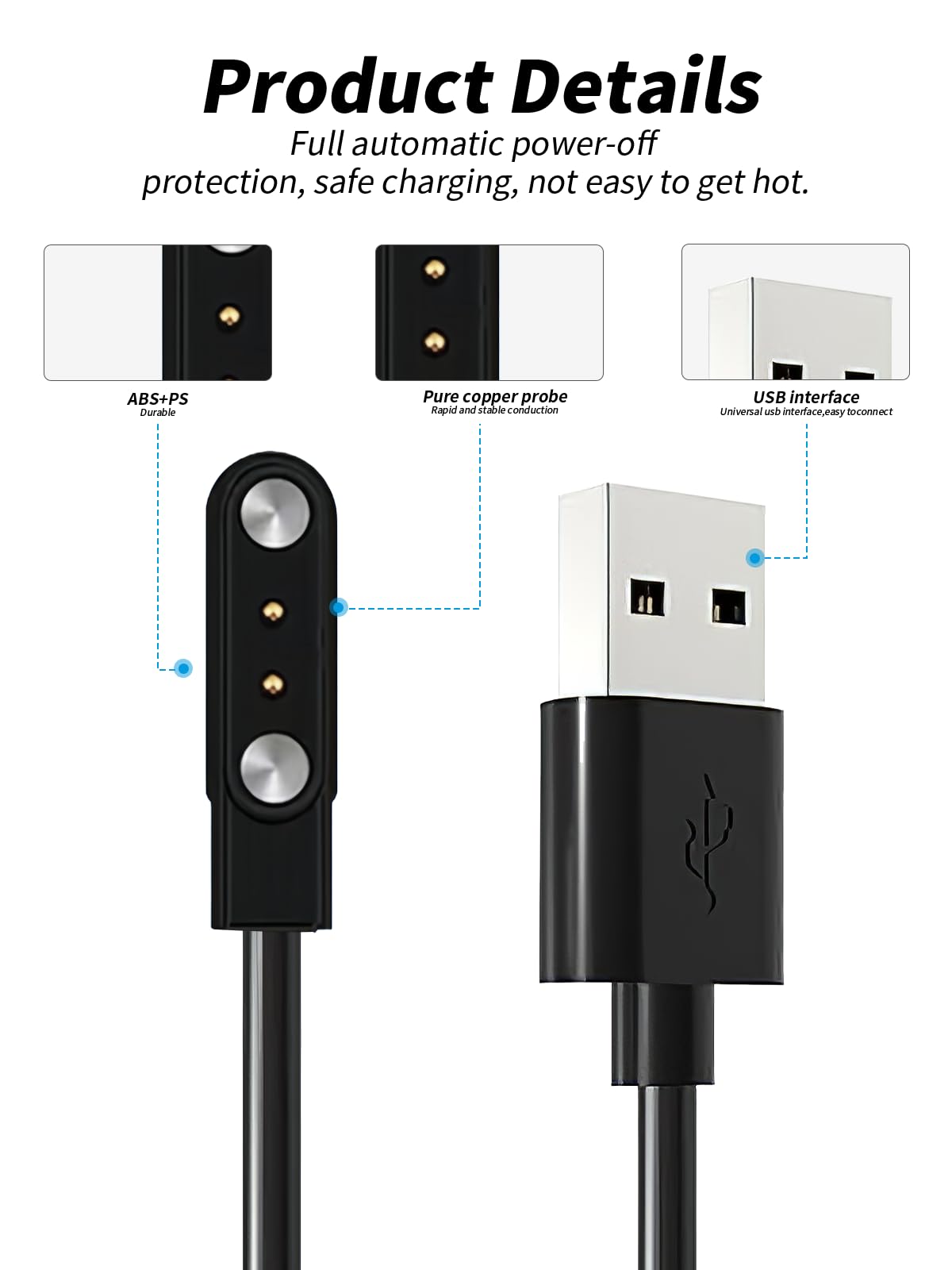 Magnetic Charger Cable for Smartwatch with Silicone Travel Case Portable USB – Black