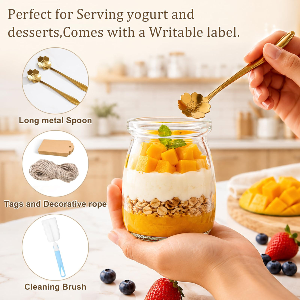 Dessert Jars 12-Pack 200ml with Lids Spoons & Labels - Clear