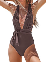 Costum de baie monokini întreg CUPSHE decolteu adânc în V și spate decupat – Maro Cafea XL