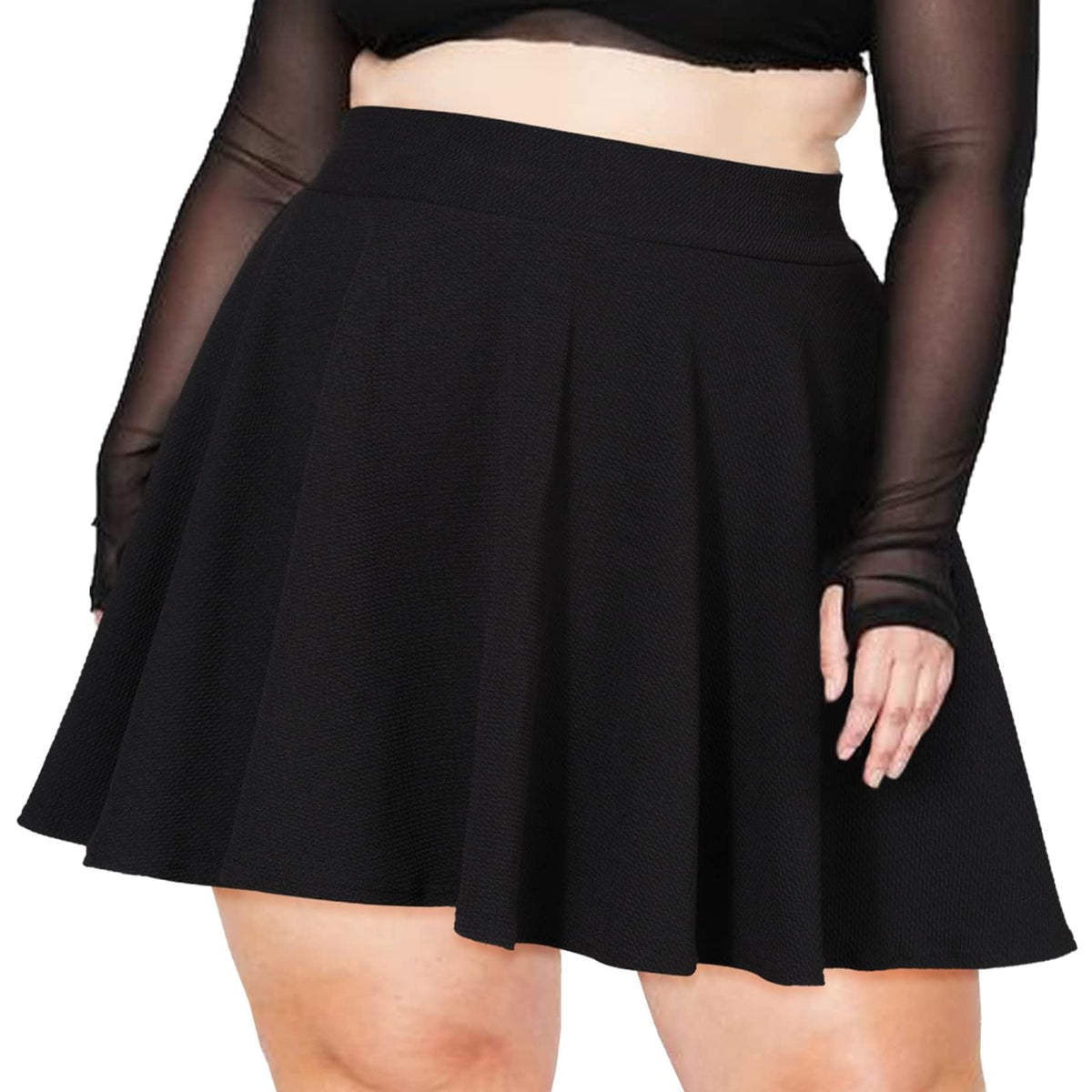Women's Mini Skater Skirt High Waist Stretch Pleated Flared Plus Size – Black 3XL