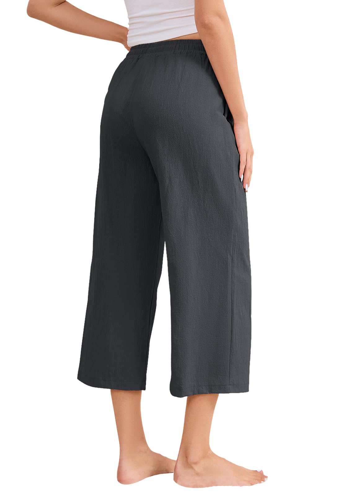 Linen Wide Leg 3/4 Trousers Women's High Waist Lightweight with Pockets – Beige