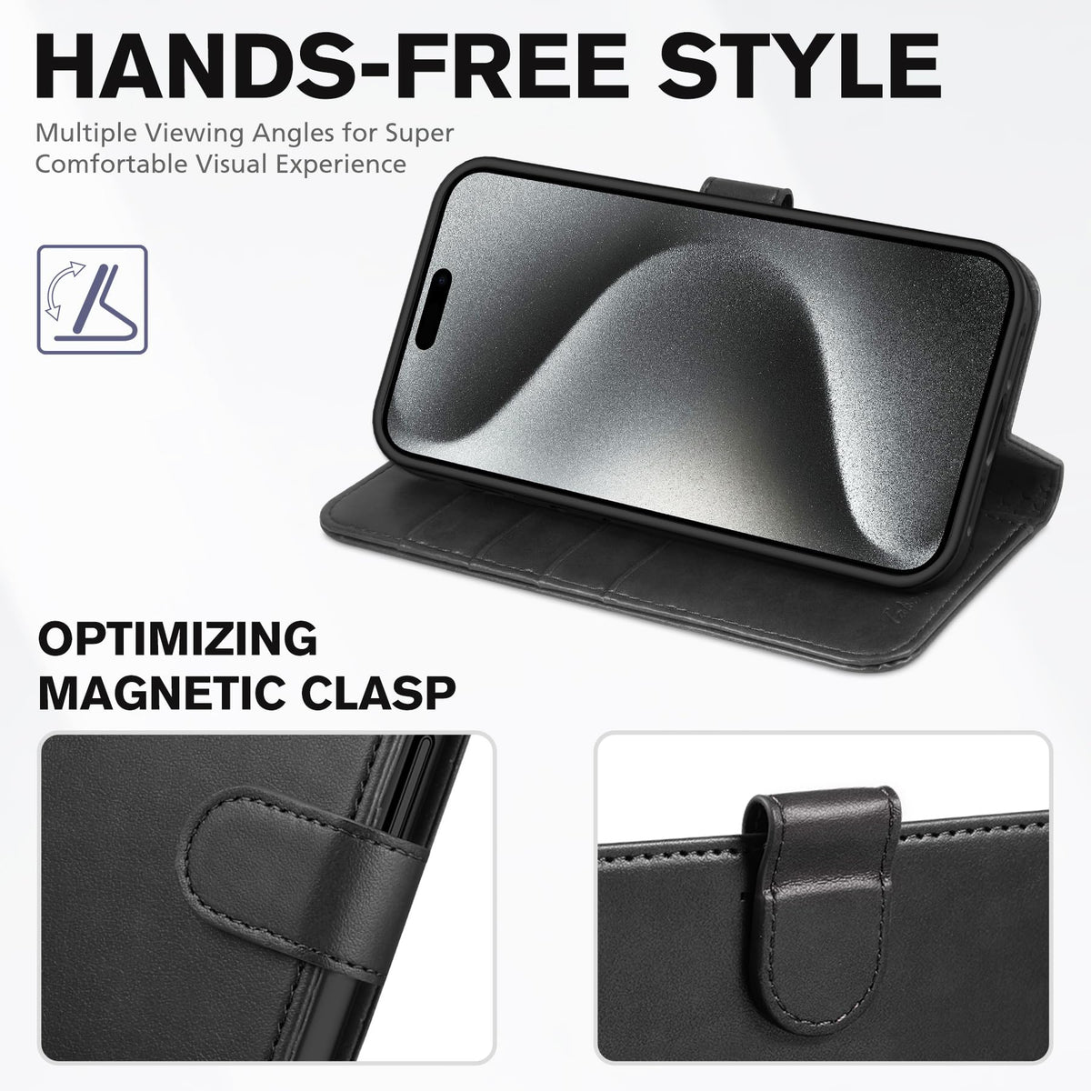 Husă tip carte din piele ecologică TUCCH protecție RFID pentru iPhone 15 Pro – Negru