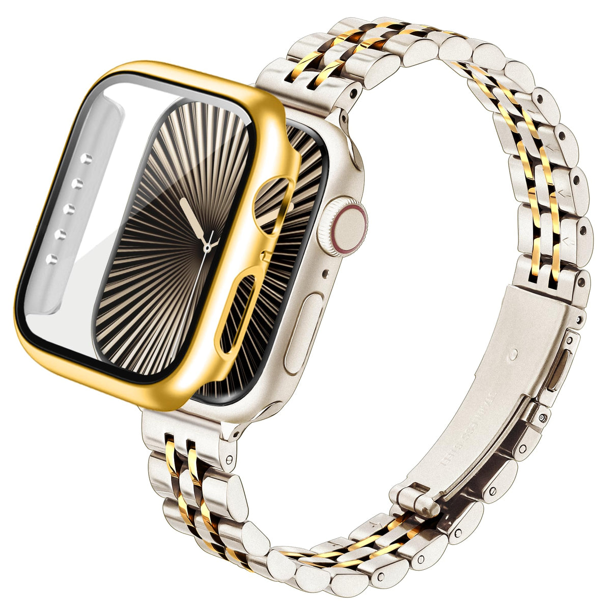 Brățară din inox cu carcasă de protecție pentru Apple Watch 40mm Seria 6/5/4/SE – Starlight/Auriu