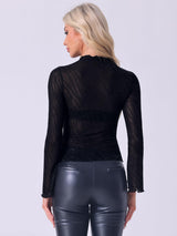 Women's Mesh Sheer Long-Sleeve Top Stand Collar - Black XL