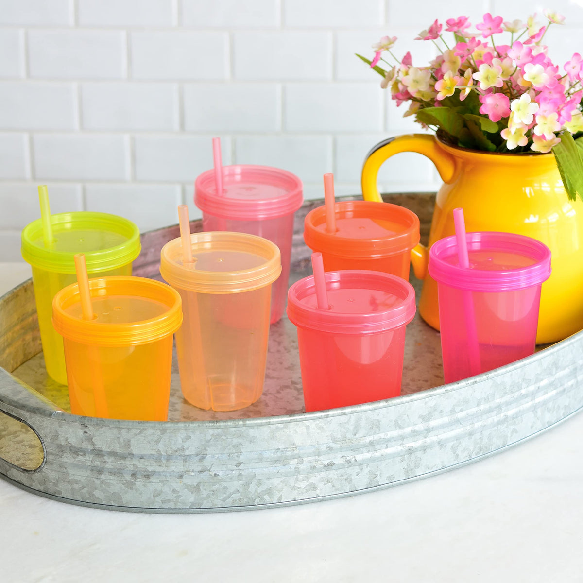 Youngever 7 Pack Kids Cups with Straw, 7 Reusable Plastic Toddler Cups with Lid Straw (Pink)