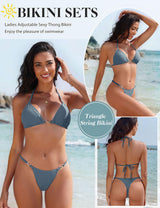 Costum de baie două piese halter triunghi cu slip tanga reglabil – Albastru deschis XS