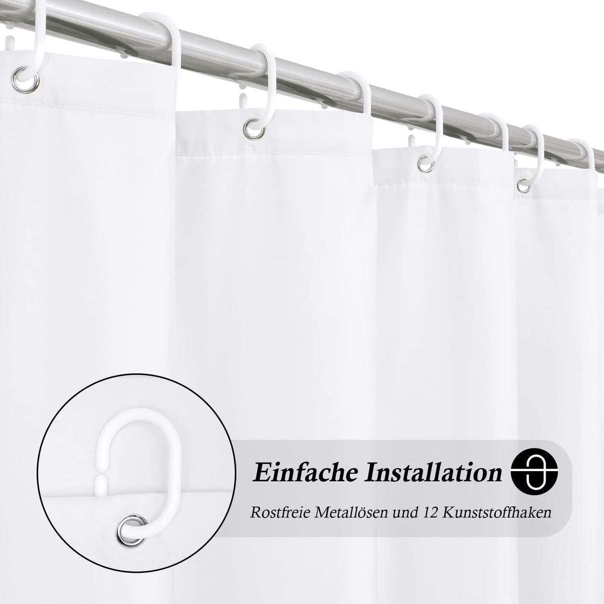 EurCross Shower Curtain 180x200 cm White Textile, Anti-mold Waterproof and Dries Quickly, Washable High-quality Fabric Shower Curtain Bathtub 1.8 x 2m Long with 12 Rings