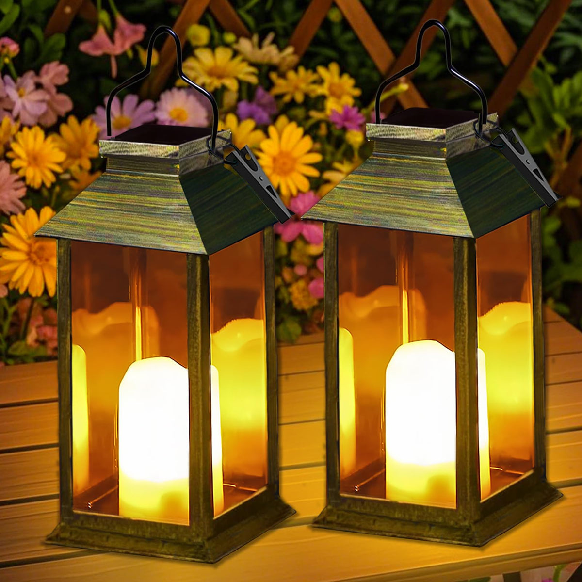 Dekofun Solar Lights, 2-Pack Outdoor Hanging Lanterns, Weatherproof, Flickering Effect – Bronze
