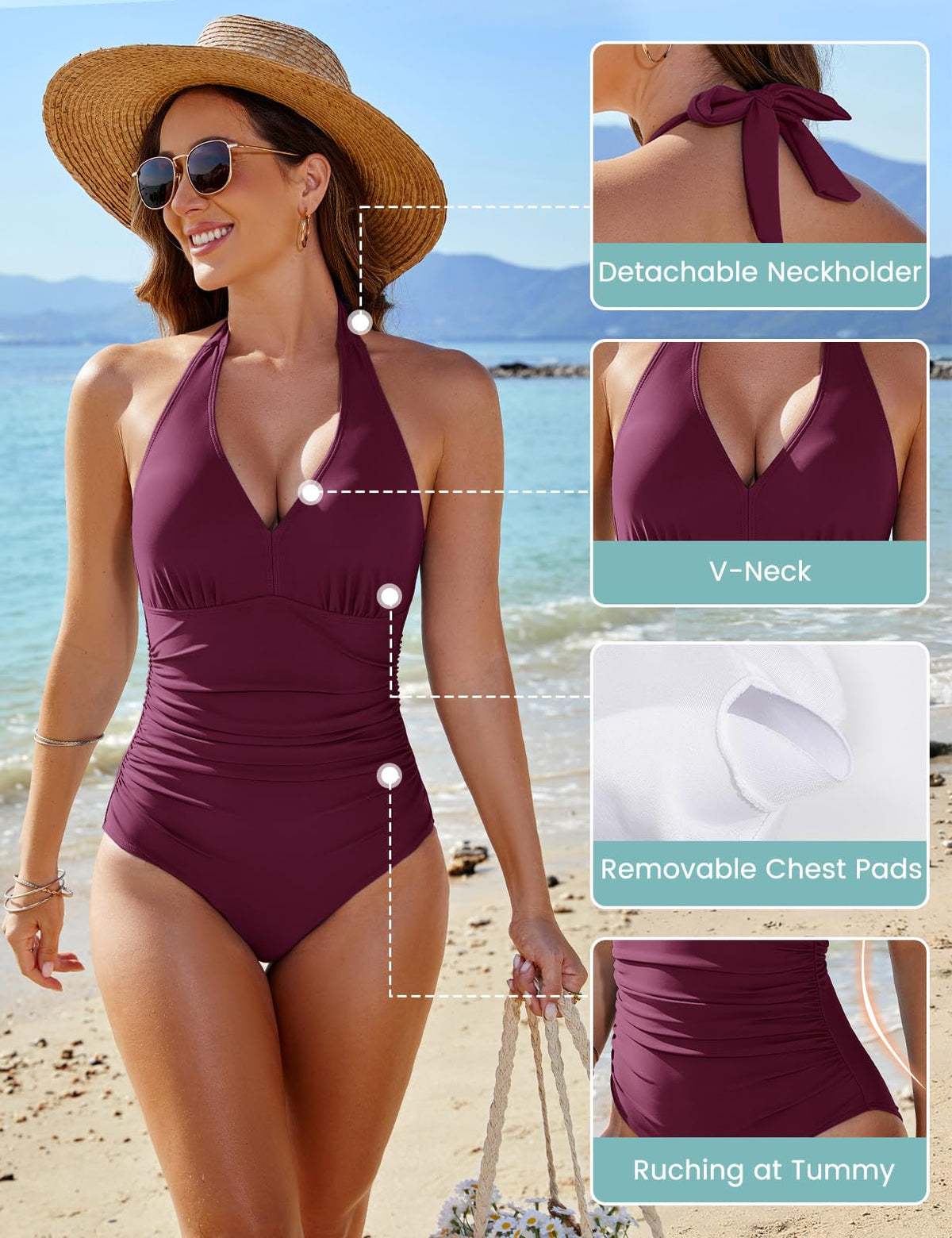 Costum de baie întreg modelator damă decolteu în V cu sârmă și push-up – Mov L