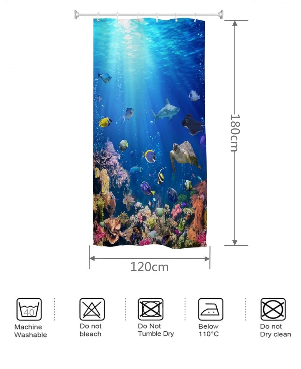 Shower Curtain 120x180cm Anti-Mould Waterproof Fabric Drops Ocean Fish – Light Blue