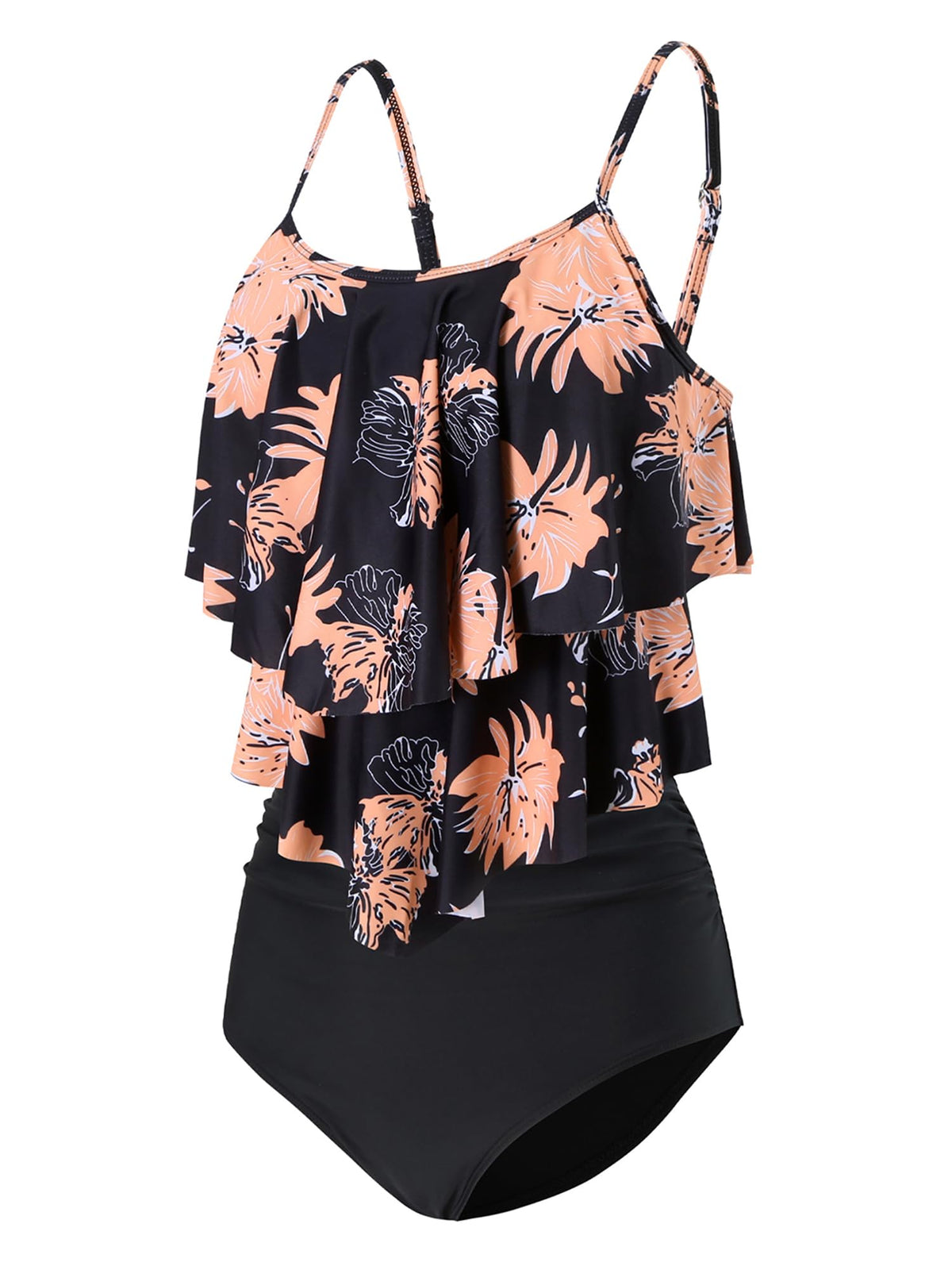 Women's Two-Piece Tankini Swimsuit High-Waist Shorts Double Ruffle Floral – Black S
