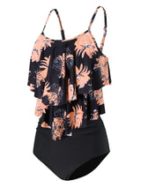 Women's Two-Piece Tankini Swimsuit High-Waist Shorts Double Ruffle Floral – Black S