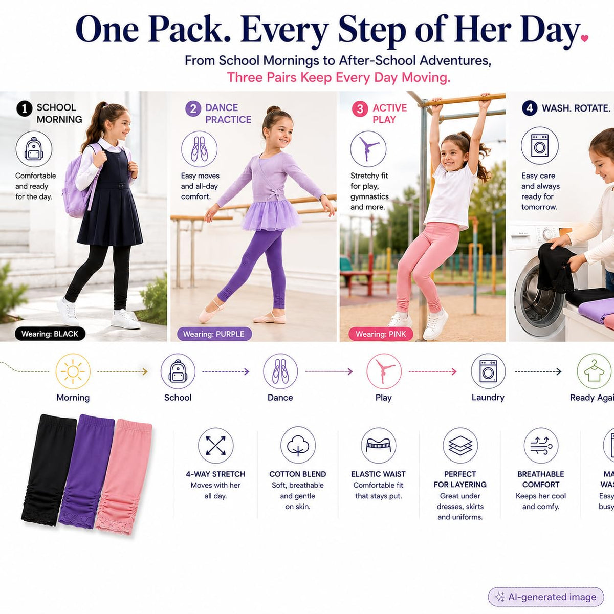 Girls' Knitted Stretch Leggings Cotton School Yoga Tights – Black Purple Light Pink 146