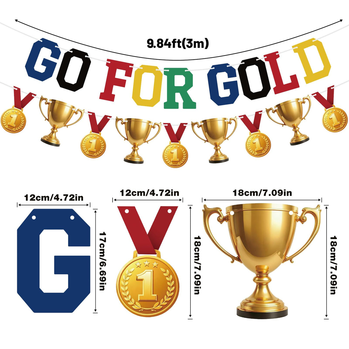 Sports Party Garland Set Pre-Strung 'Go for Gold' Medals & Trophies Decorations – Gold