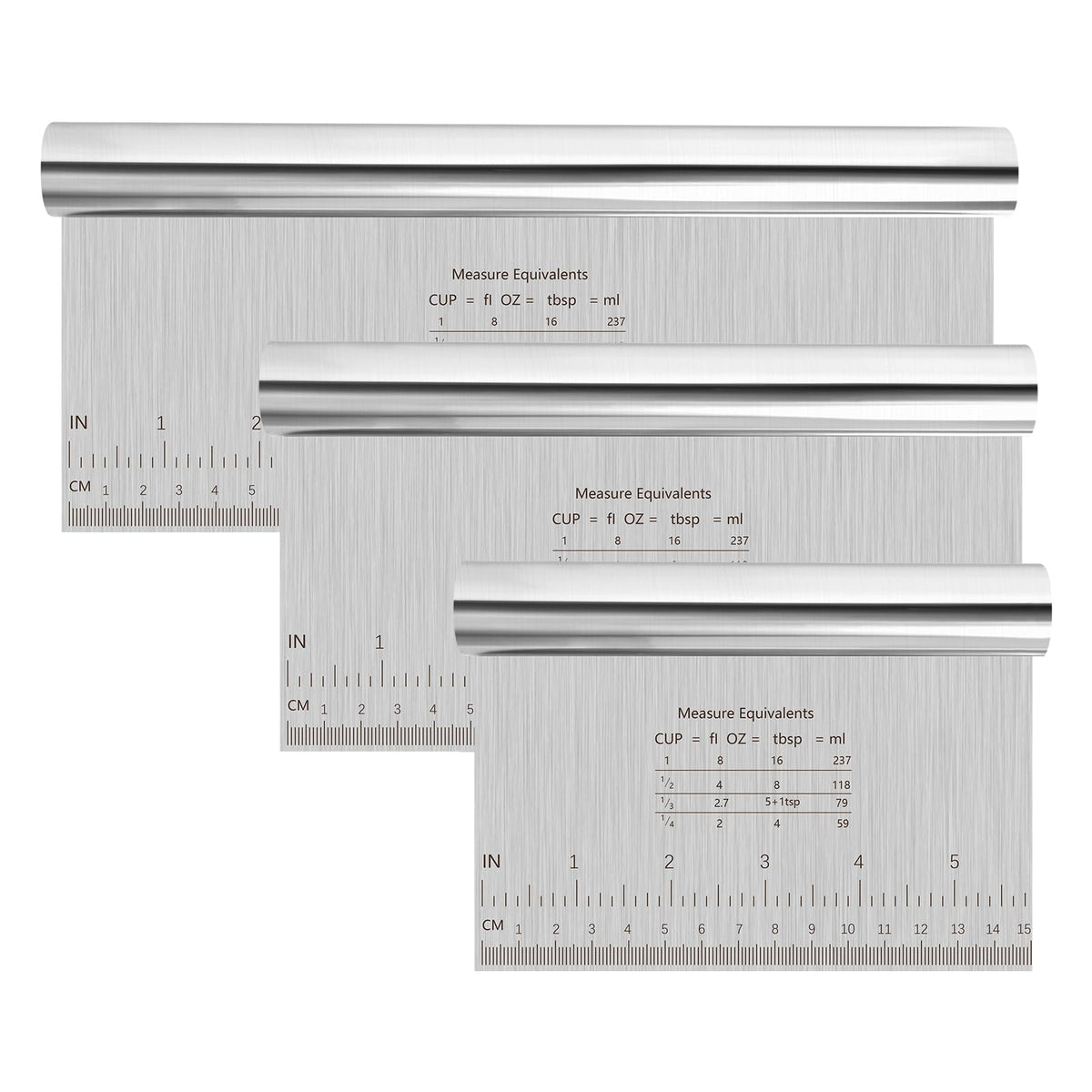 Set 3 raclete șpaclu din inox pentru aluat și patiserie cu scală gradată 15/20/25 cm – Argintiu