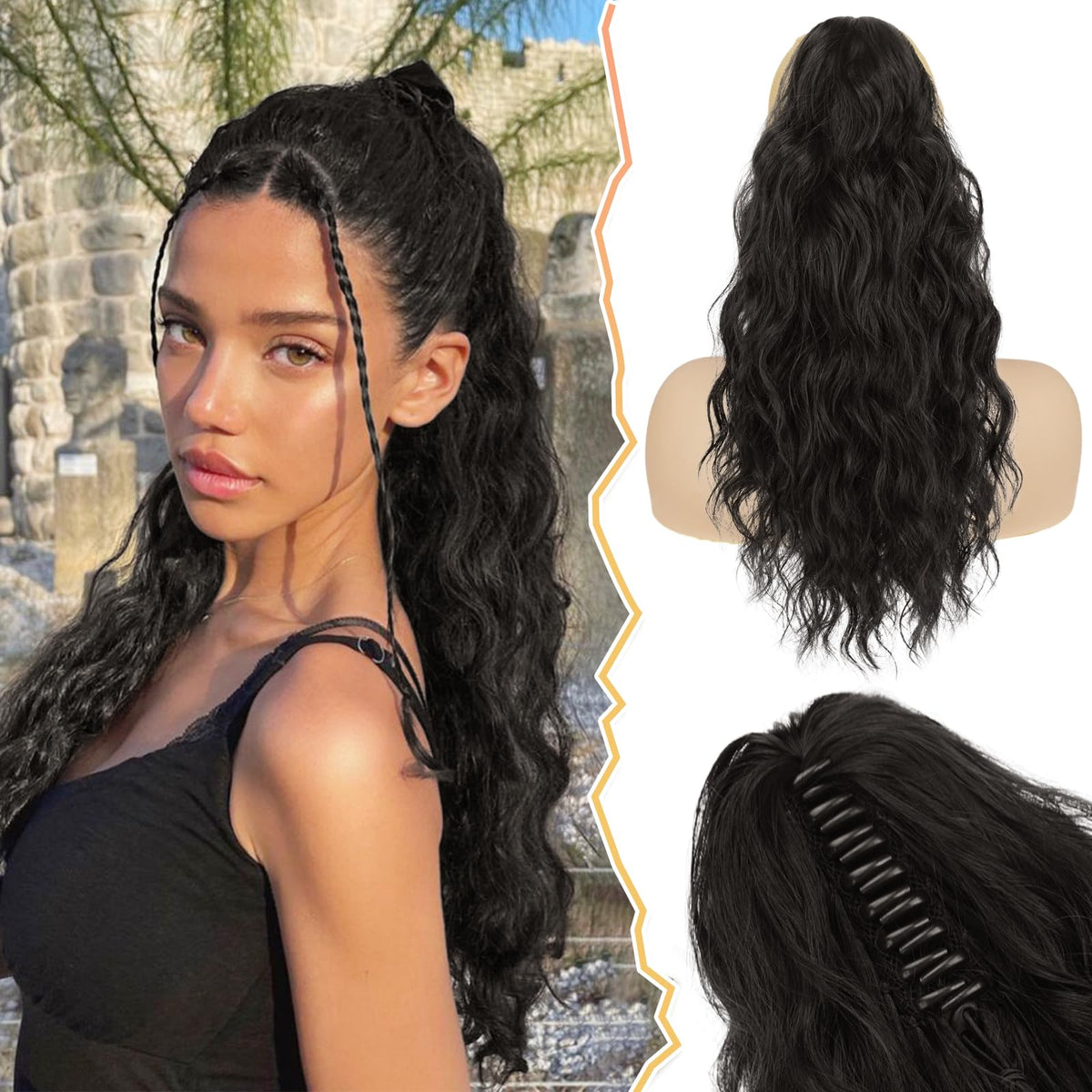 Claw Clip Ponytail Extension 45cm Curly Wavy Synthetic Hairpiece – Black Brown