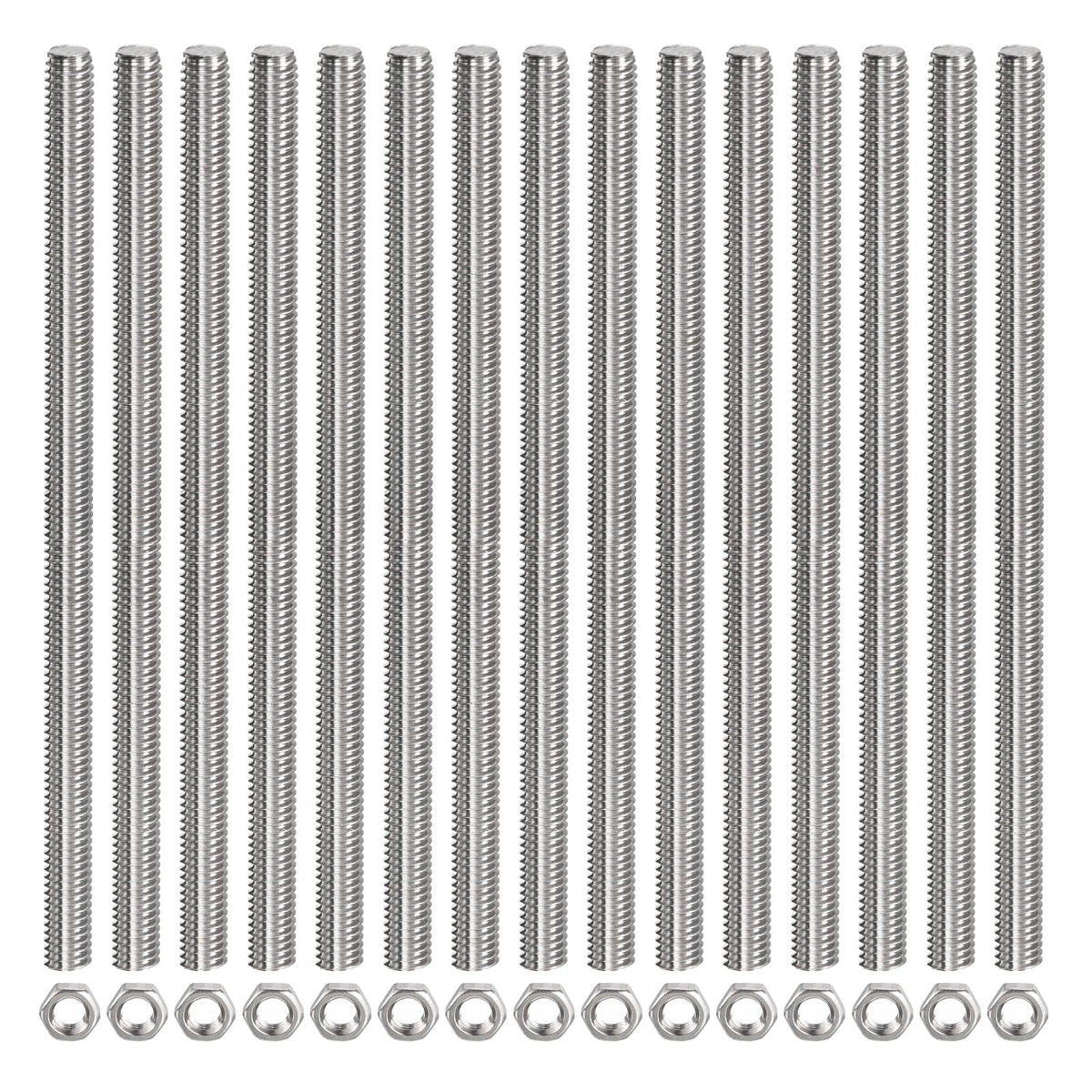 M6 x 200mm Solid Threaded Rods 24pc 304 Stainless Steel with Hex Nuts - M6 x 200mm