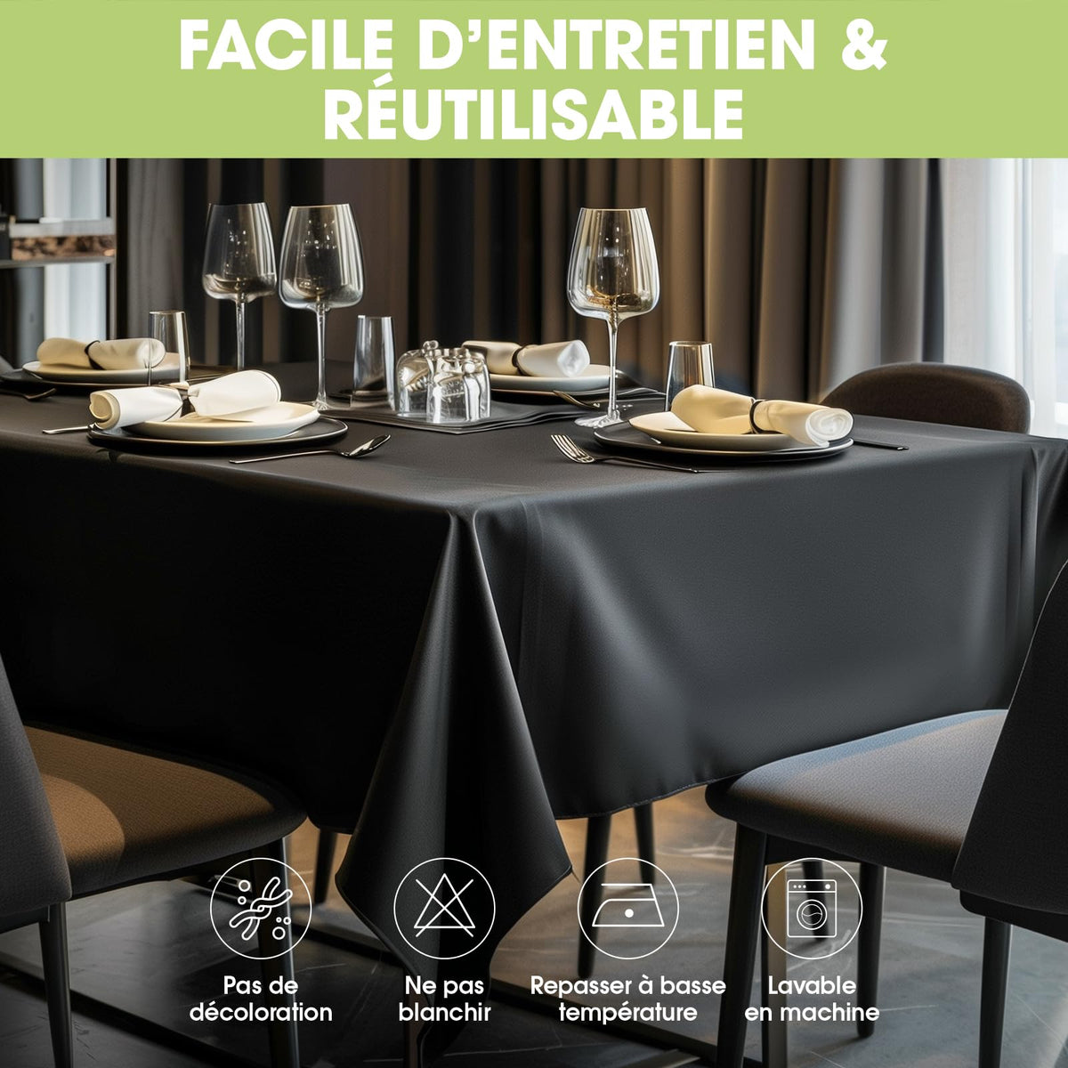 Rectangular Polyester Tablecloth 140 x 240cm Washable Reusable 2-Pack – Black