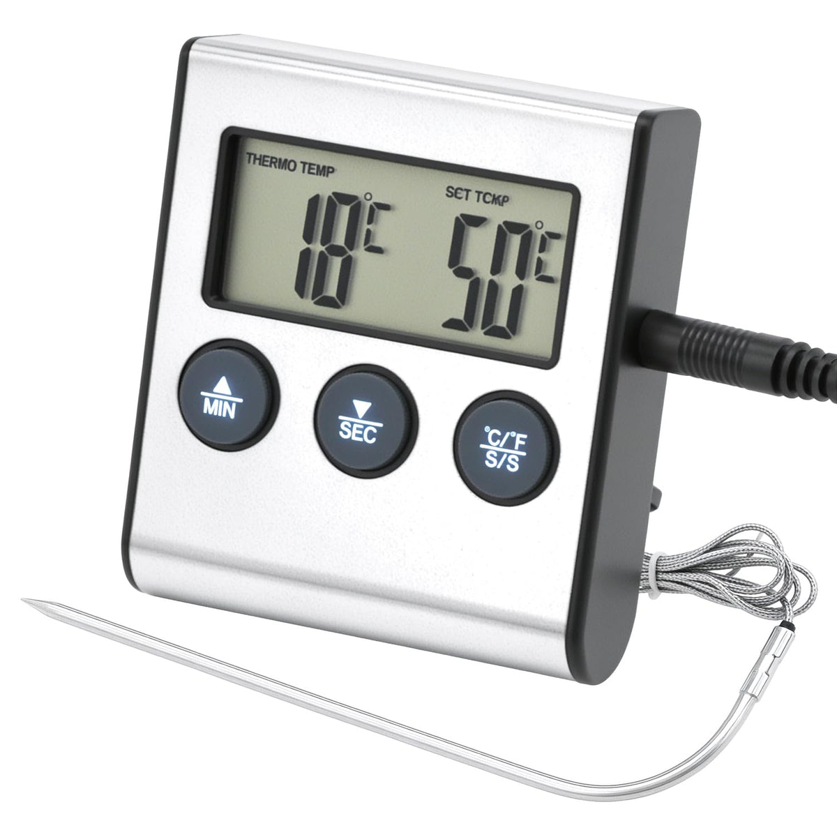 QWORK® Digital Cooking Thermometer with Food Probe, Range 0-300°C, Built-in Timer, LCD Display - for Use in Ovens and Grills