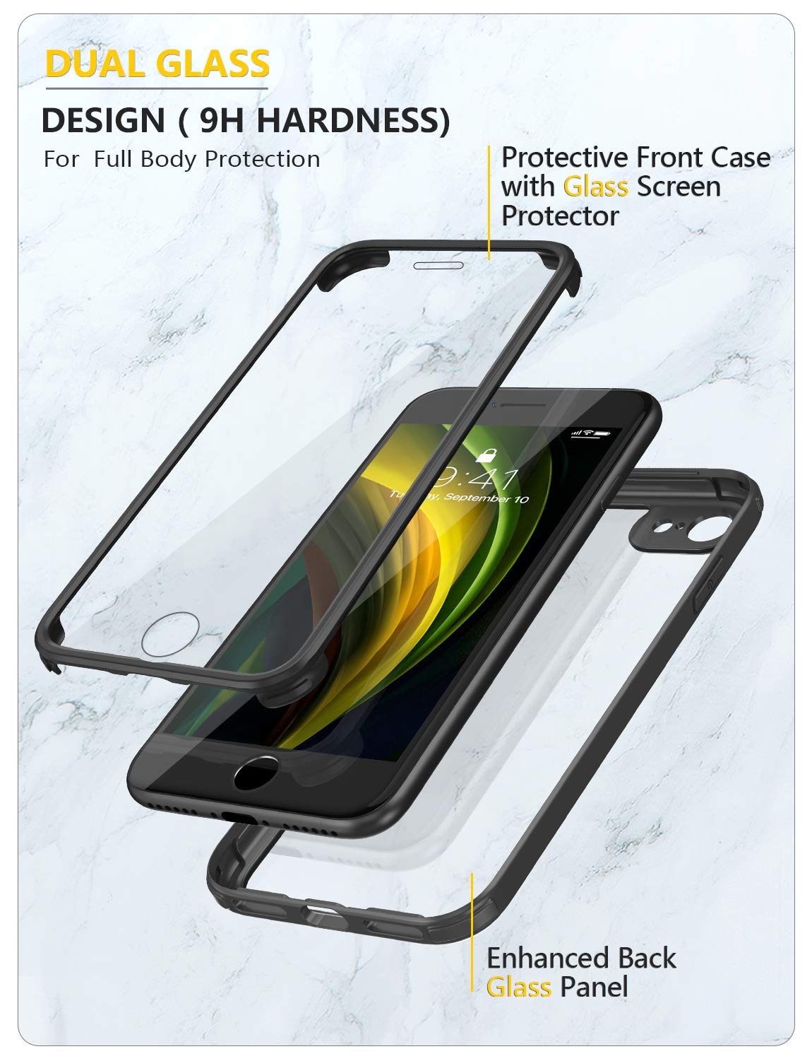 Husă de protecție completă 360 cu folie de sticlă integrată Miracase pentru iPhone SE/8 – Negru