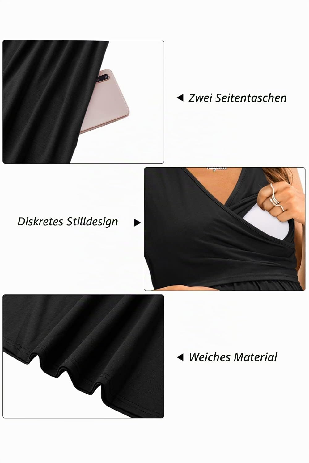 Women’s Maternity Nursing Dress V-Neck Sleeveless with Pockets – Black S