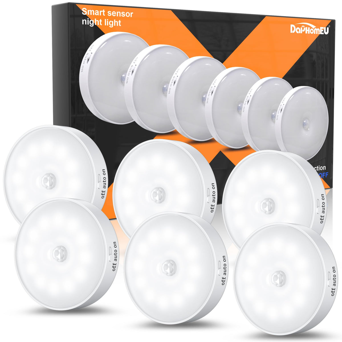 6 Pack Night Light with Motion Sensor, USB Rechargeable LED Light, Cabinet Lighting, Indoor Motion Sensor for Staircase Lighting, Bedroom, Kitchen, and Children's Room (Cool White)