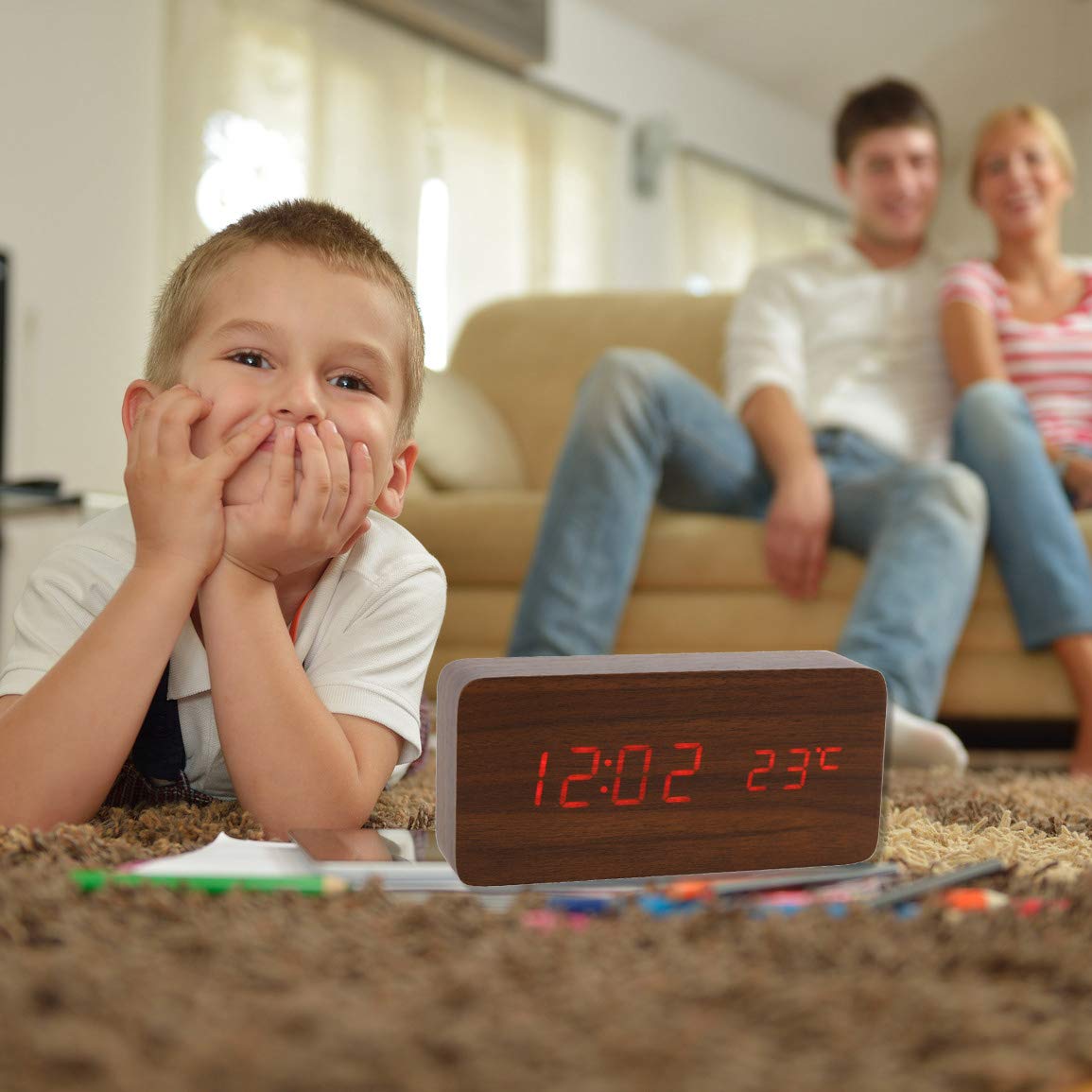 Lancoon Wooden Digital Clock - Multifunctional LED Alarm Clock with Time/Date/Temperature Display and Voice Control for Home Office Travel - AC11Brown_Red
