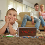 Lancoon Wooden Digital Clock - Multifunctional LED Alarm Clock with Time/Date/Temperature Display and Voice Control for Home Office Travel - AC11Brown_Red