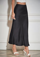 Women's High-Waist Satin Maxi Skirt A-Line Zipper Pleated – Black L
