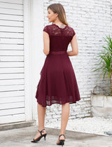 Rochie elegantă de cocktail și ocazie din dantelă și voal cu volane Odizli – Roșu Bordeaux L