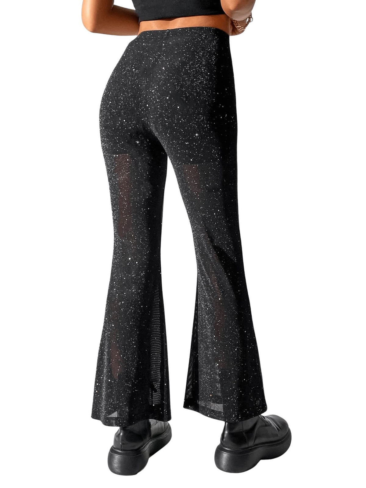 GORGLITTER Mesh Pants Women Transparent Flared Pants With High Waist Glitter Pants Long Party Pants Glitter Flared Pants Black S