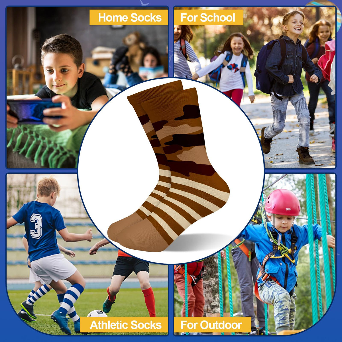 Kids’ Novelty Camouflage Shark Crew Socks 6 Pairs Breathable Soft – Size 28-32