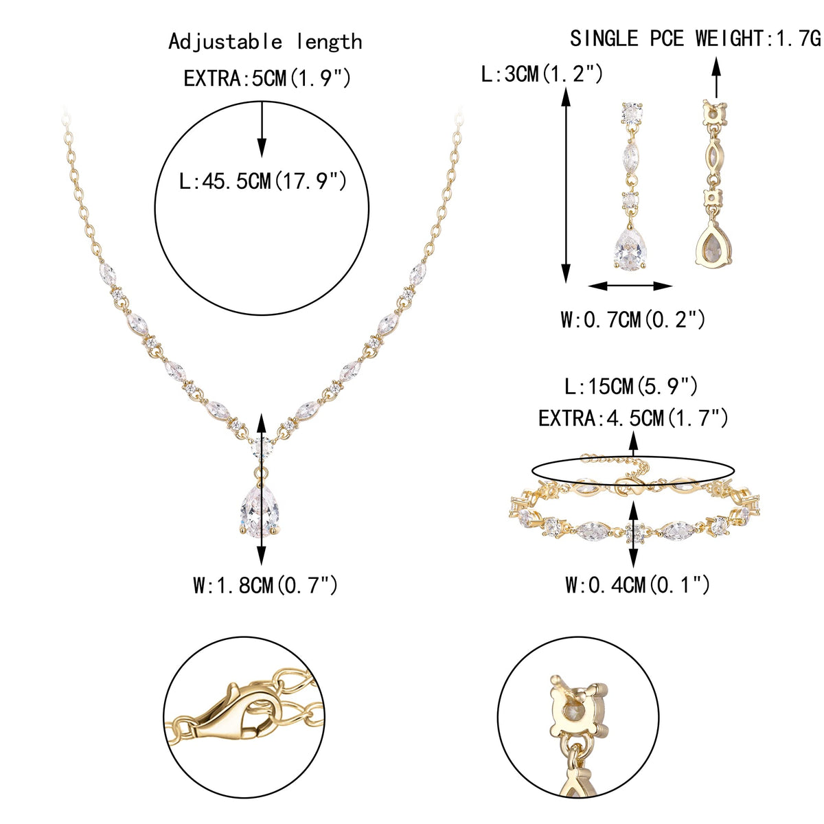 EVER FAITH Cubic Zirconia Jewelry Set for Bride Bridesmaid, Sparkling Elegant Teardrop Pendant Necklace Dangle Earrings Bracelet for Women Clear Gold Tone