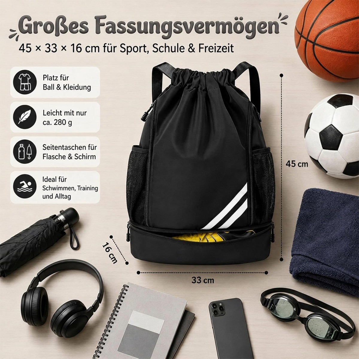 Kids Sports Gym Backpack Drawstring Sports Bag Lightweight – Black
