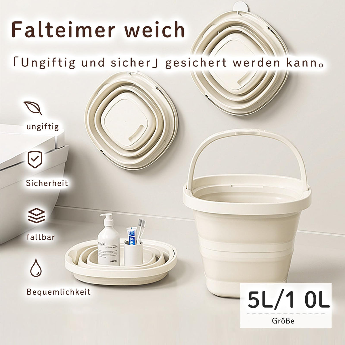 Collapsible Foldable Bucket 10L PP+TPR Space-saving – Cream