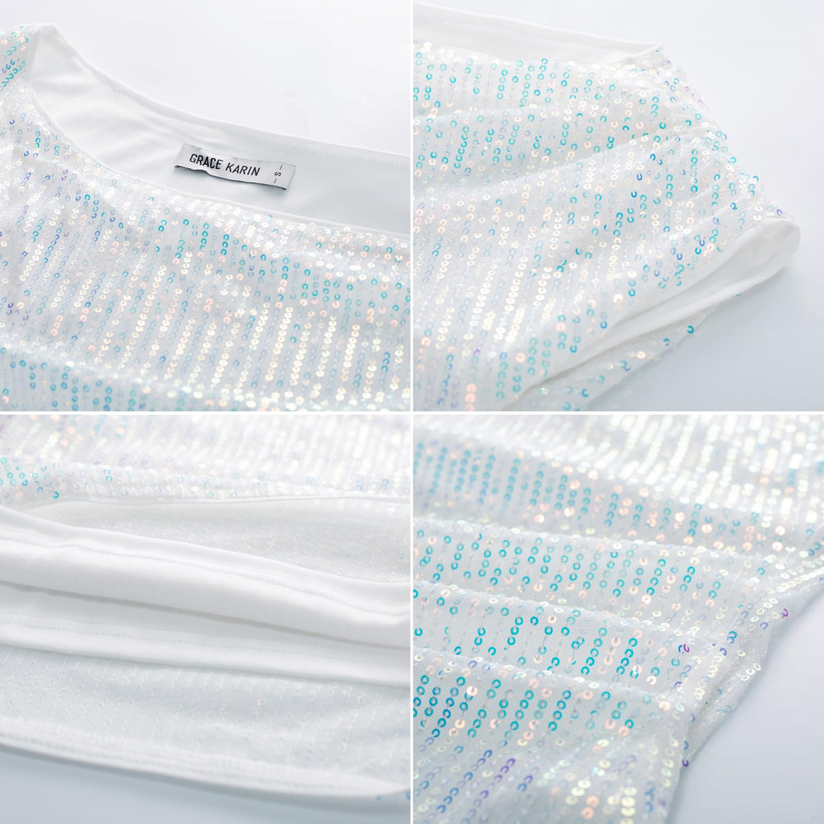 GRACE KARIN Damen Schräger Ausschnitt Party Oberteil Glitzer Pailleten T-Shirt Elegant Top für Abend Buntes Weiß XL