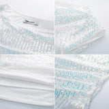 GRACE KARIN Damen Schräger Ausschnitt Party Oberteil Glitzer Pailleten T-Shirt Elegant Top für Abend Buntes Weiß XL