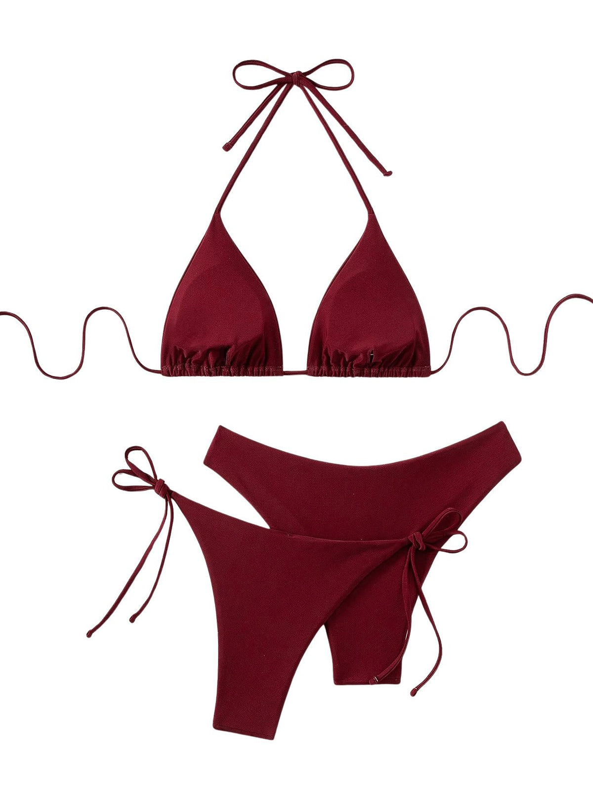 Set costum de baie 3 piese GORGLITTER cu slip cu fundițe și top halter – Bordeaux S