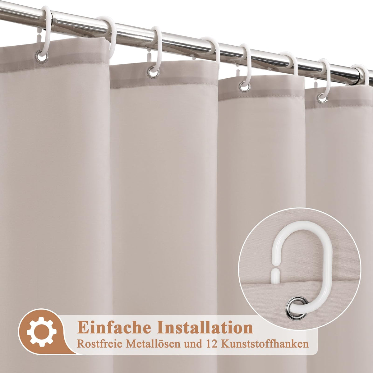 Extra-Length Shower Curtain Waterproof Anti-Mould Antibacterial 180 x 230 cm – Sand