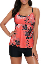 Costum de baie tankini 2 piese Durio cu pantalon scurt și dungi florale – Roșu/Flori Negre EU 46 (3XL)