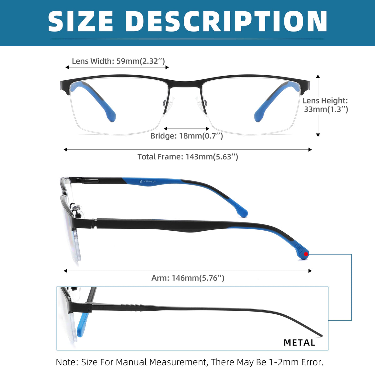 MODFANS 3 Pack Reading Glasses Men Blue Light Filter Metal Frame Rectangle Style Stainless Steel Material