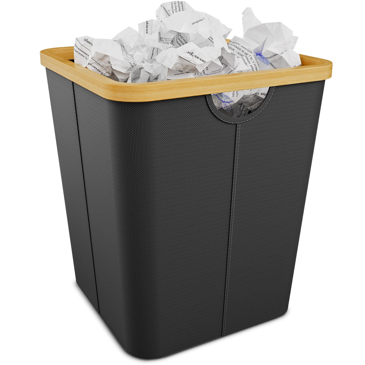 Coș de gunoi pătrat pentru birou și baie din material Oxford cu margine de bambus – Negru