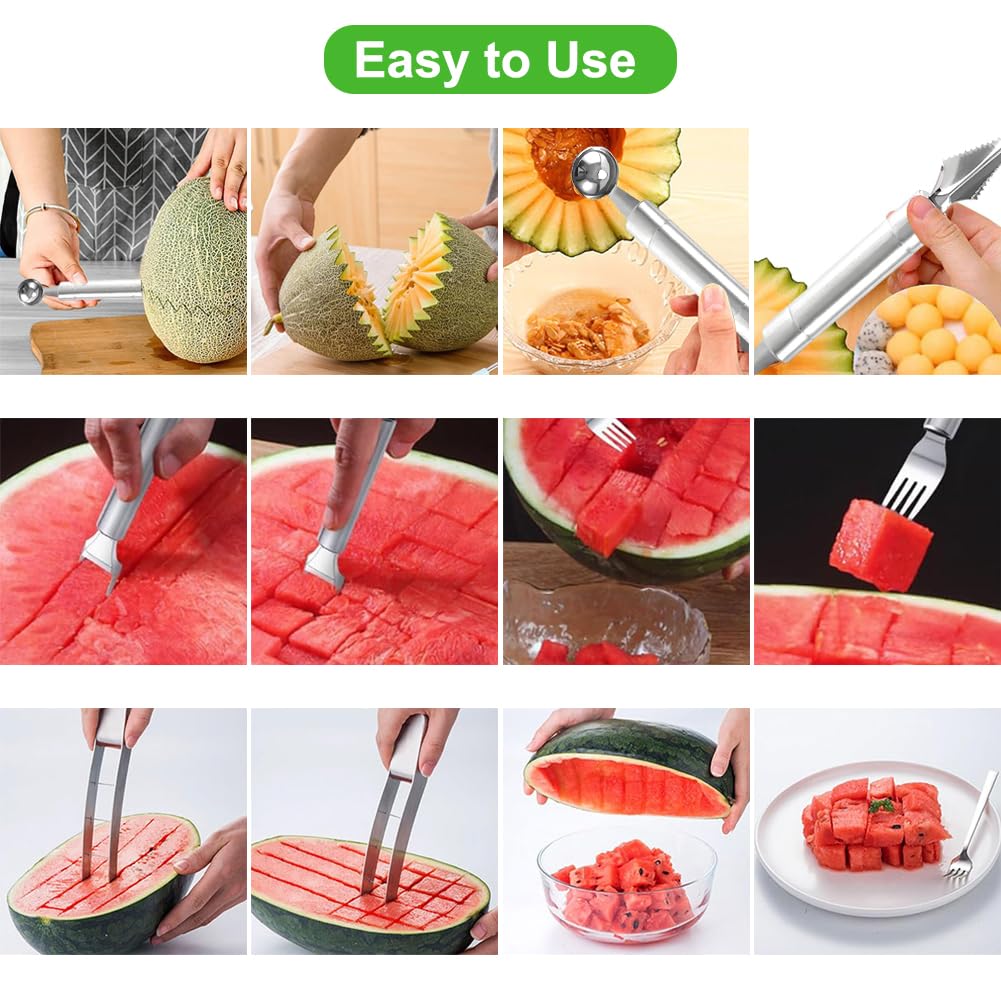 Set 3 ustensile din inox pentru tăiat și servit pepene cu furculiță – Argintiu