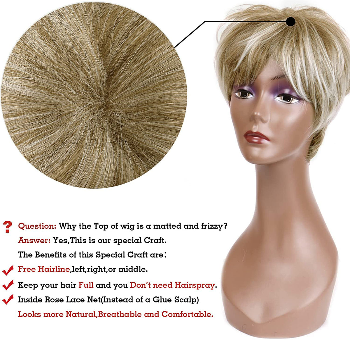 Perucă scurtă naturală pentru femei cu breton Creamily – Blond Mixt cu Șaten