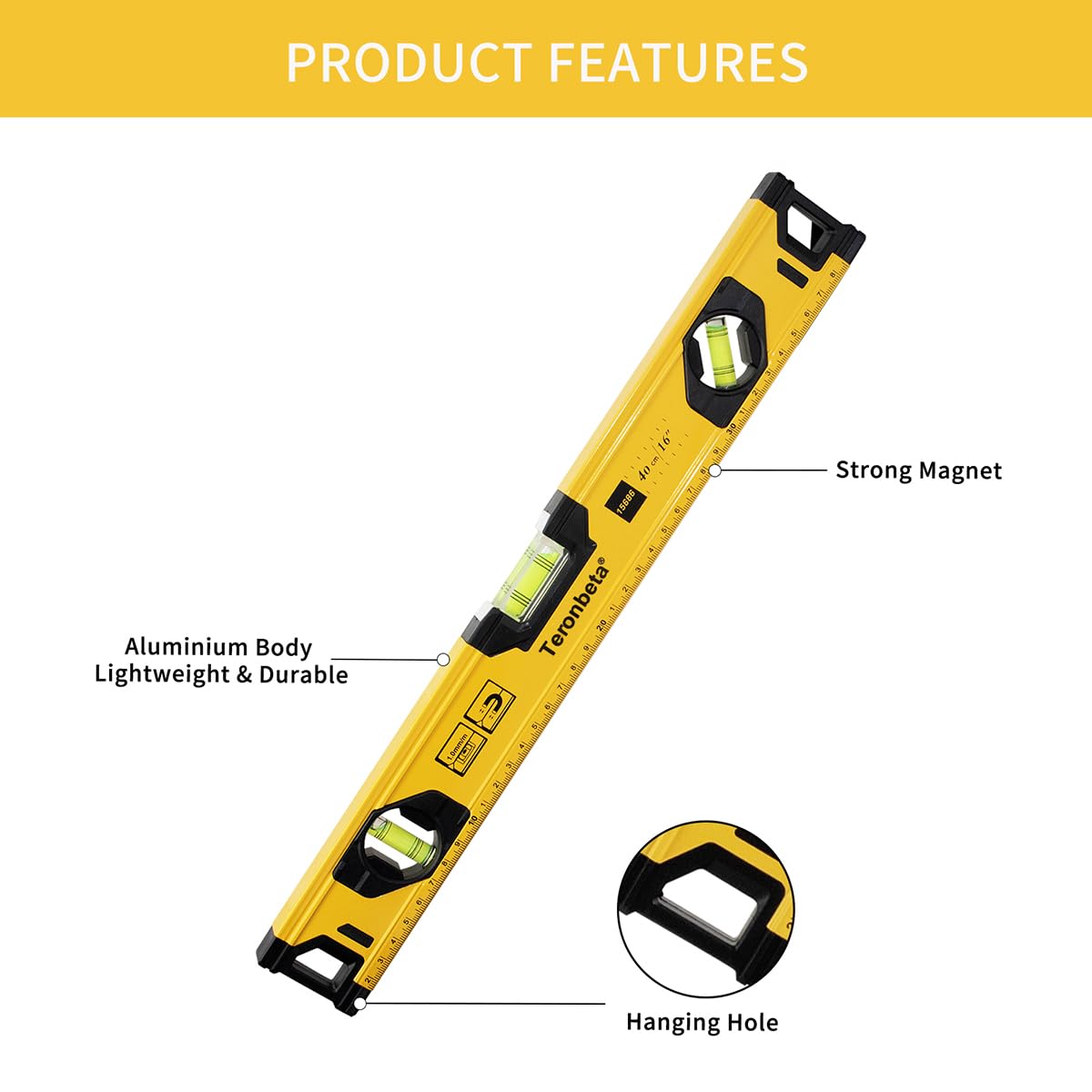 Teronbeta Spirit Level 40cm Magnetic Aluminium with 3 Vials – 0°/45°/90°