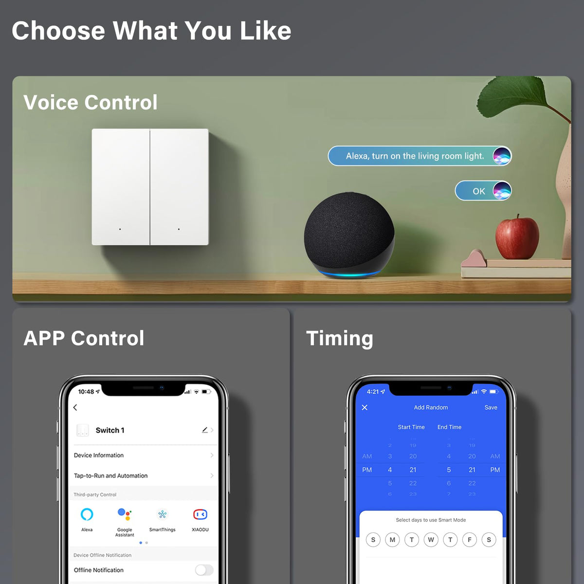 MVAVA WiFi Light Switch, Smart Wall Switch Alexa and Google Home Work with Tuya, 86mm Flush-Mounted Light Switch, Wall Light Switch (Neutral Wire Required) 2 Gang 1 Way White